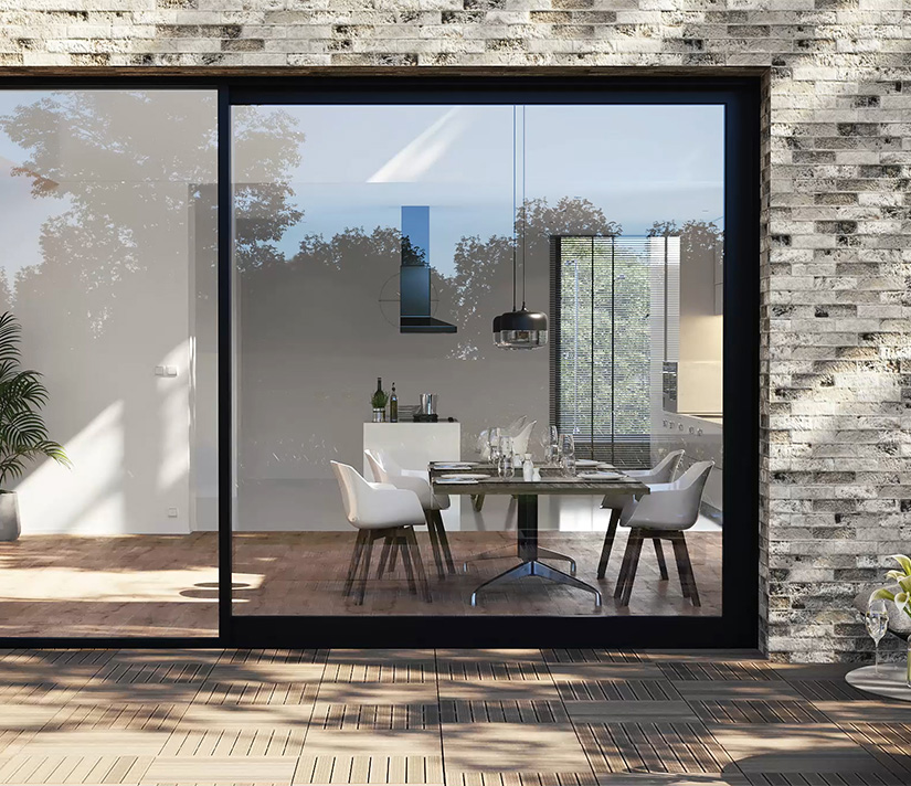 Luxury patio doors opening onto an elegant dining terrace
