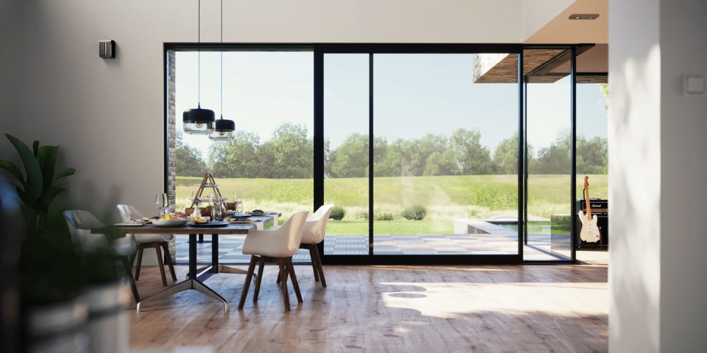 Large format sliding door system in contemporary home
