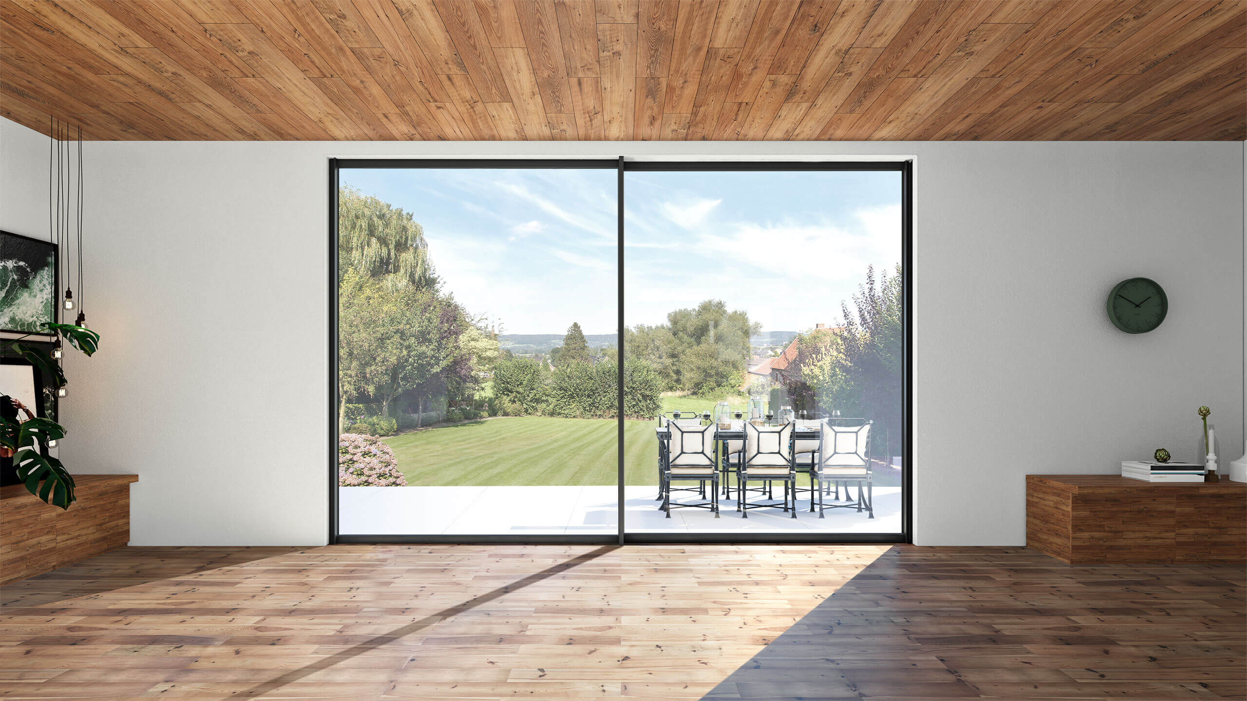 Slim profile patio sliding doors with panoramic garden views
